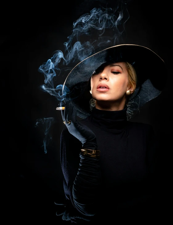 a woman wearing a hat and holding a cigarette, inspired by Hedi Xandt, pexels contest winner, smoke art, wealthy women, profile image, black stetson and coat