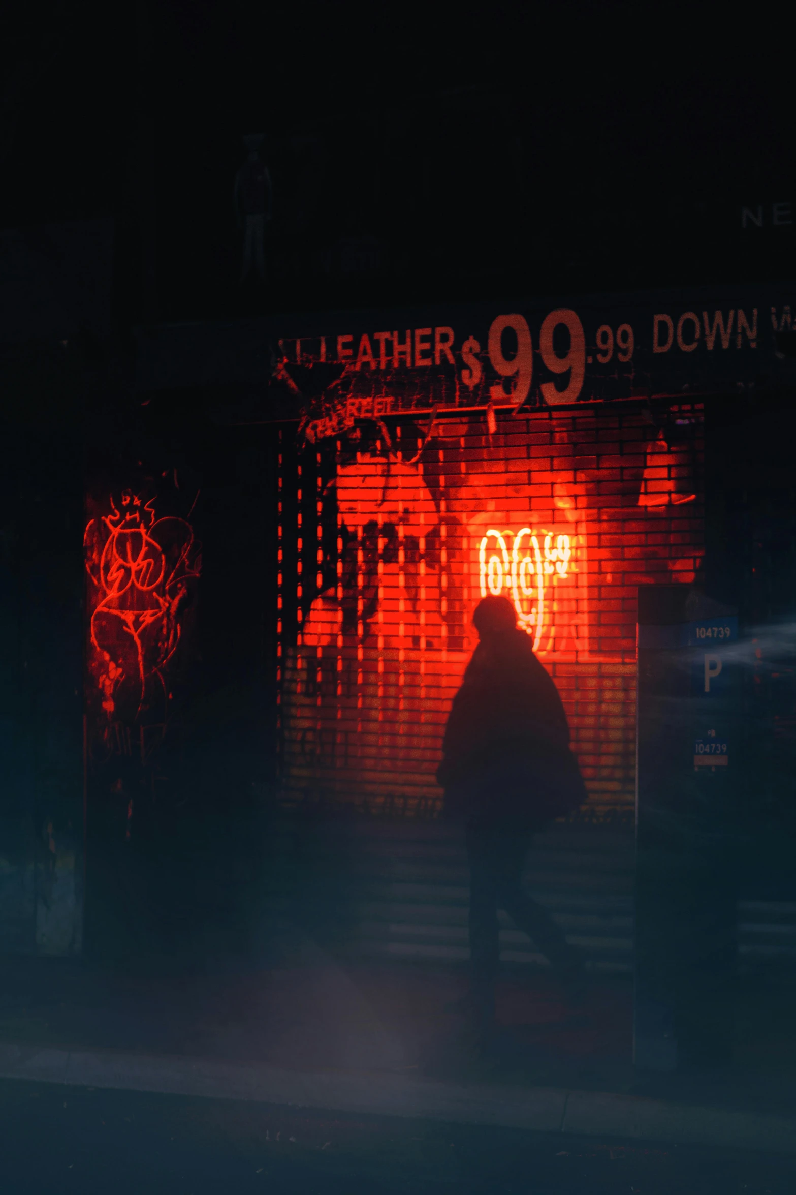 a man standing in front of a store at night, cyberpunk art, inspired by Elsa Bleda, digital art, red on black, dramatic lighting - n 9, ( bladerunner 2 0 4 9, red - toned mist