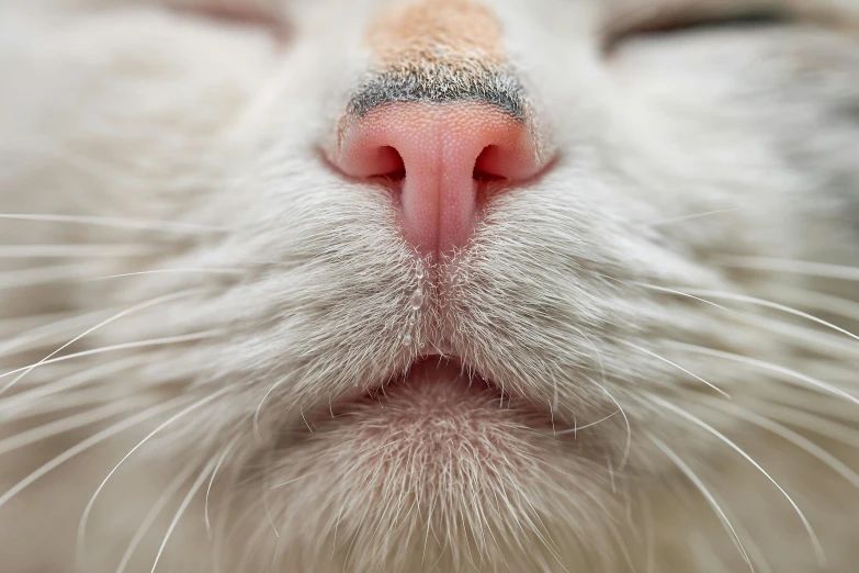 a close up of a cat's face with its eyes closed, a macro photograph, by Daniel Lieske, pexels contest winner, square nose, intense albino, long pointy pink nose, today\'s featured photograph 4k