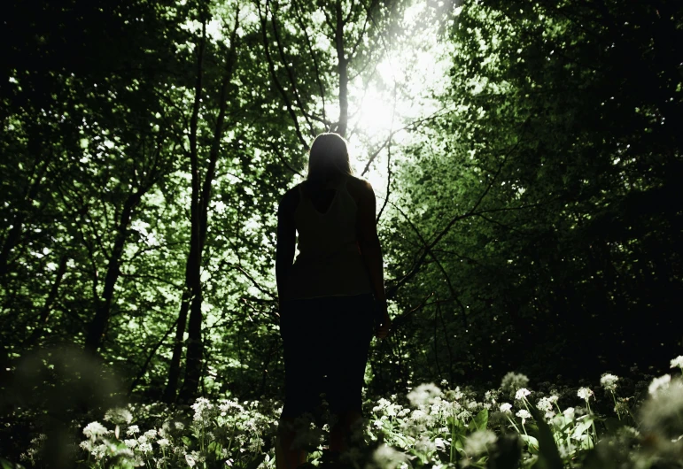 a person standing in the middle of a forest, in the shadows, facing away from the camera, white light shining on her, press shot