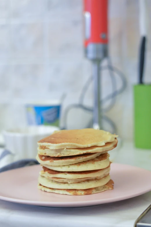 a stack of pancakes sitting on top of a pink plate, a picture, 6 pack, kano), premium quality, daylight