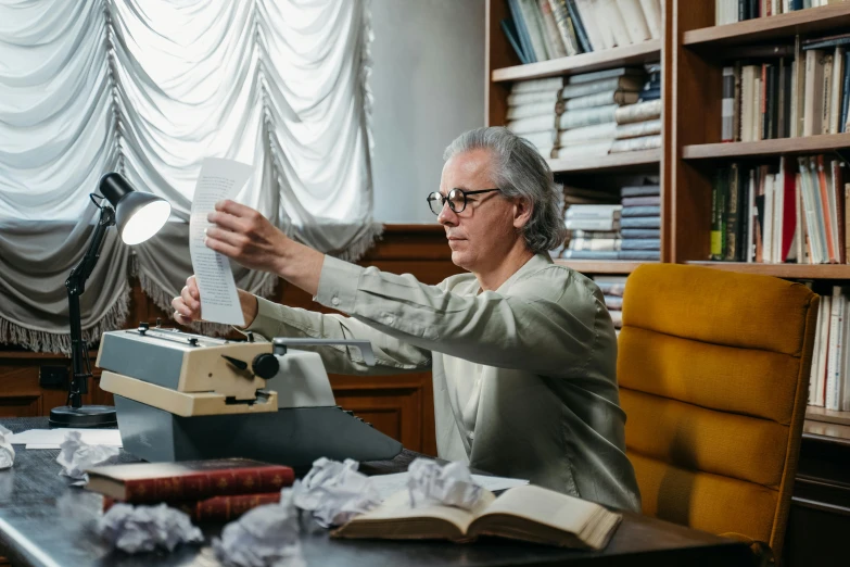 a man sitting at a desk with a typewriter, pexels contest winner, white reading glasses, kiki smith, woman, avatar image