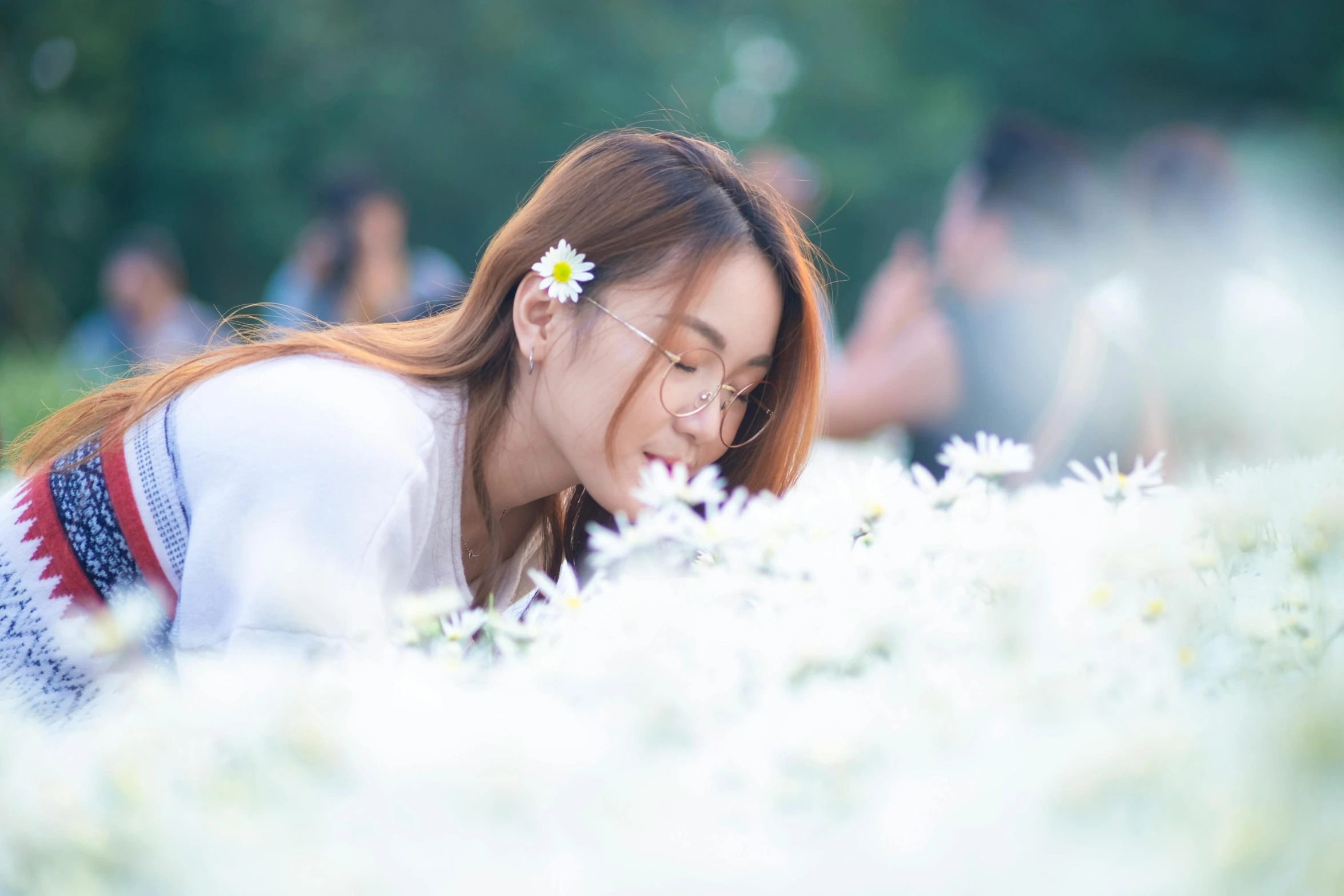 a woman laying in a field of white flowers, by Tan Ting-pho, visual art, bokeh + dof + 8k, chrysanthemum eos-1d, concert, smelling good