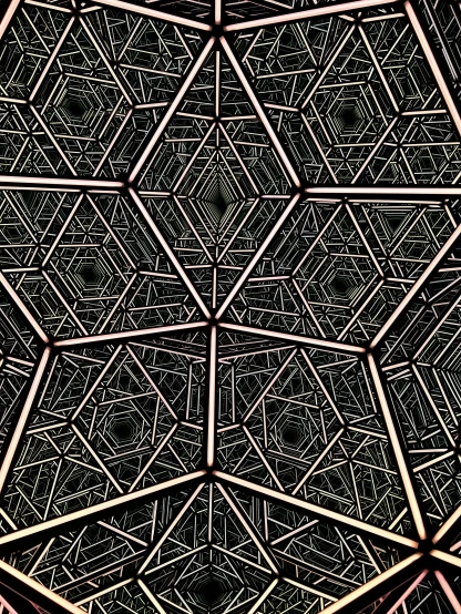 a close up view of a metal structure, digital art, inspired by Buckminster Fuller, op art, dmt!!!!!!!!, highly detailed # no filter, complex ceiling, stars strange perspective