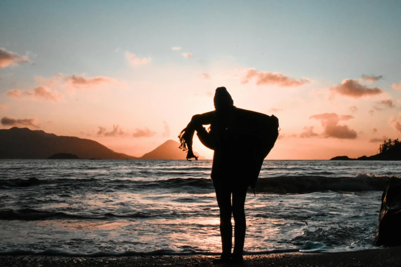 a person standing on a beach holding a surfboard, pexels contest winner, anthropomorphic silhouette, 🦩🪐🐞👩🏻🦳, bryan skerry, a person standing in front of a