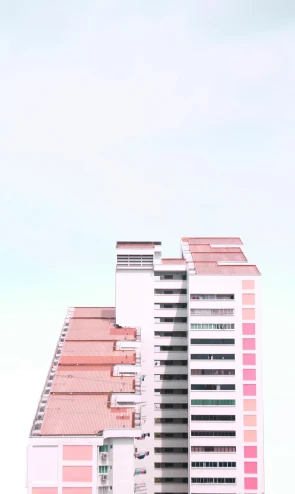 a man riding a skateboard up the side of a tall building, inspired by Cheng Jiasui, postminimalism, pastelcolours, panoramic view, minimal pink palette, scrapyard architecture