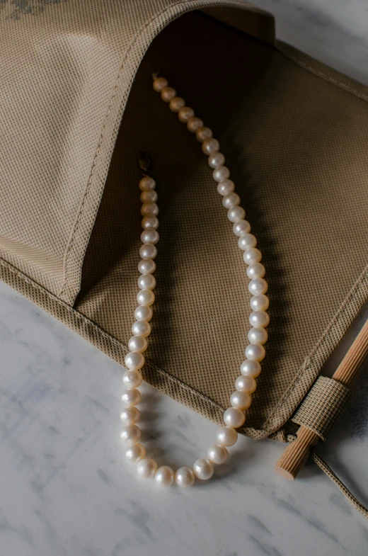 a white pearl necklace sitting on top of a beige purse, trending on unsplash, renaissance, straight on portrait, bandoliers, game ready, premium