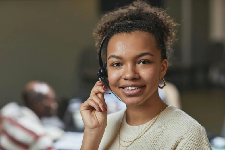 a close up of a person talking on a cell phone, girl wearing headphones, in an call centre office, sarenrae, promo image