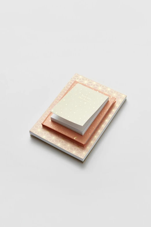 two pieces of paper sitting on top of each other, by Anita Malfatti, rose gold, high resolution product photo, notebook, made of all white ceramic tiles