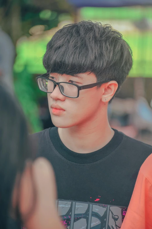 a group of young men standing next to each other, inspired by Kim Myeong-guk, trending on unsplash, realism, wearing square glasses, jimin\'s plump lips, thoughtful expression, male teenager