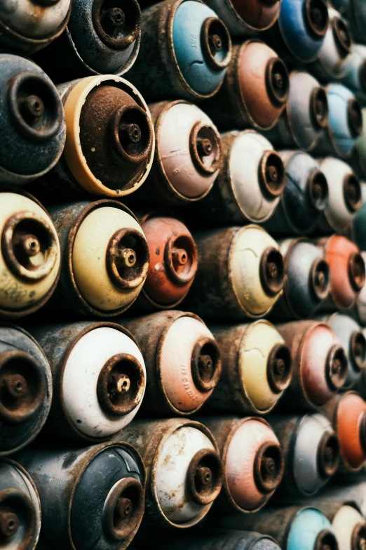 a bunch of spray cans stacked on top of each other, inspired by Andreas Gursky, unsplash, graffiti, rusty colors, vintage photo, instagram photo, instagram post