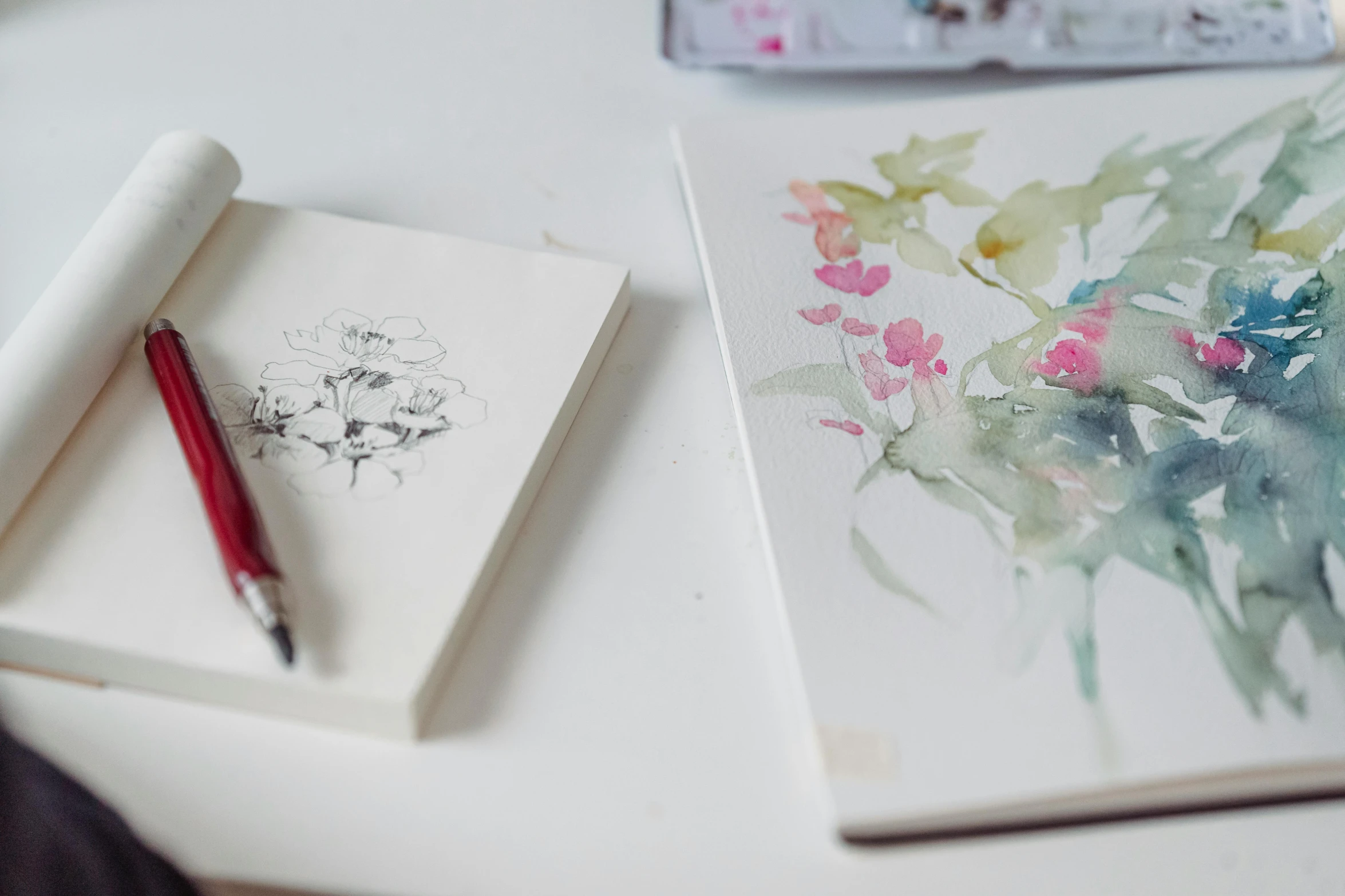 a white table topped with a notebook and a red pen, a watercolor painting, inspired by artist, trending on pexels, study of a flower fairy, delicate embellishments, painting on a canvas, style of beatrix potter