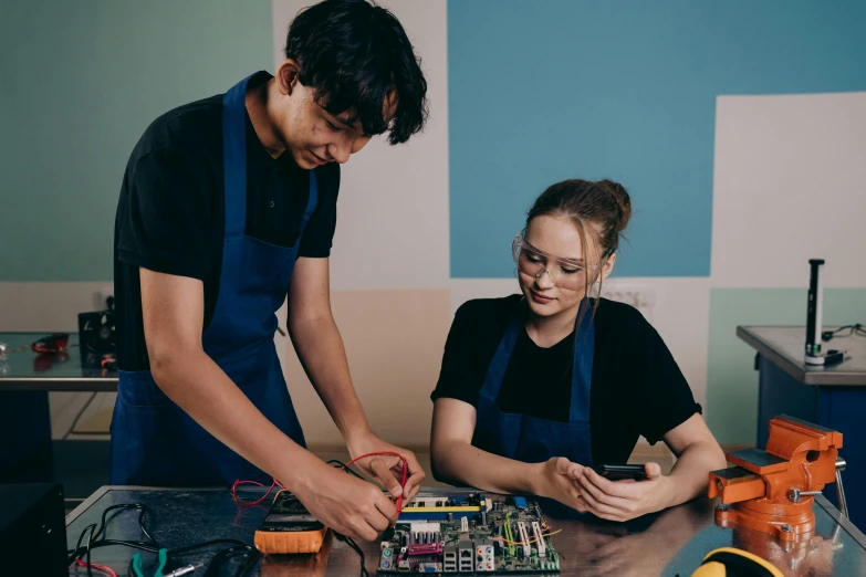 a couple of people that are working on some electronics, a portrait, pexels contest winner, 15081959 21121991 01012000 4k, high school, lachlan bailey, ilustration