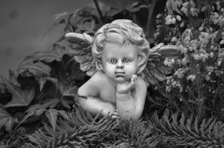 a black and white photo of a little angel, inspired by Correggio, pixabay contest winner, in garden, annoyed, monochrome 3 d model, by greg rutkowski