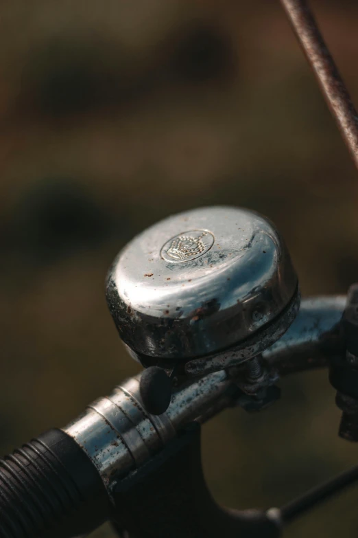 a close up of the handle of a bike, an album cover, unsplash, fine art, bells, silver, wet, brown