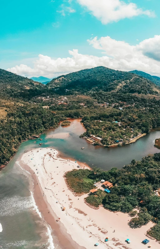 an aerial view of a beach and a body of water, mountains river trees, caio santos, sandy beach, village
