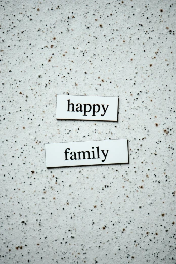 a couple of pieces of paper that say happy family, by Anita Malfatti, unsplash, magnetic, made of glazed, clean photo