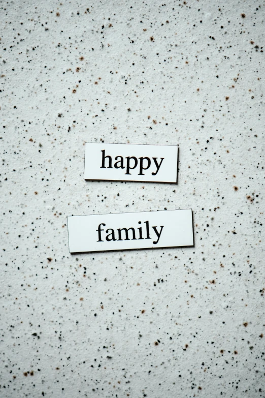 a couple of pieces of paper that say happy family, by Anita Malfatti, unsplash, magnetic, made of glazed, clean photo