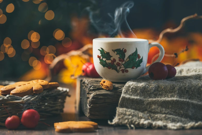 a cup of coffee sitting on top of a wooden table, a still life, by Emma Andijewska, pexels contest winner, romanticism, festive, cosy enchanted scene, thumbnail, tea