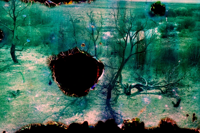 a painting of a hole in the middle of a field, an album cover, inspired by Wolf Vostell, flickr, land art, false color, eyes in the trees, digital art - n 9, seen through broken glass