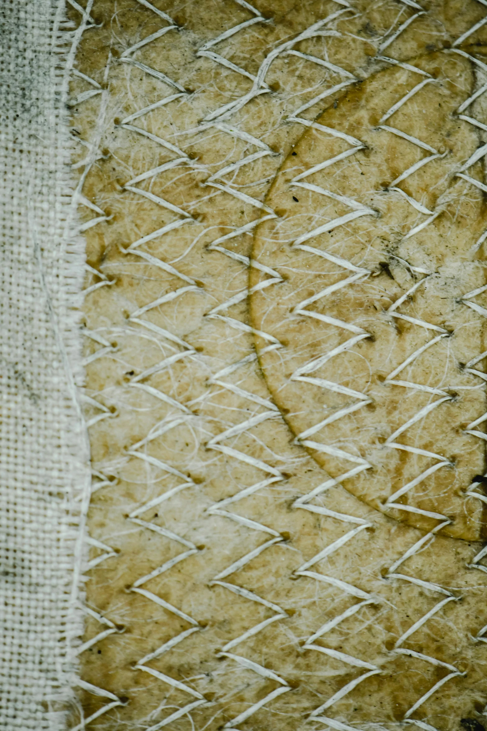 a piece of bread sitting on top of a table, by Else Alfelt, visible stitching, zig zag, 17th-century, subtle pattern