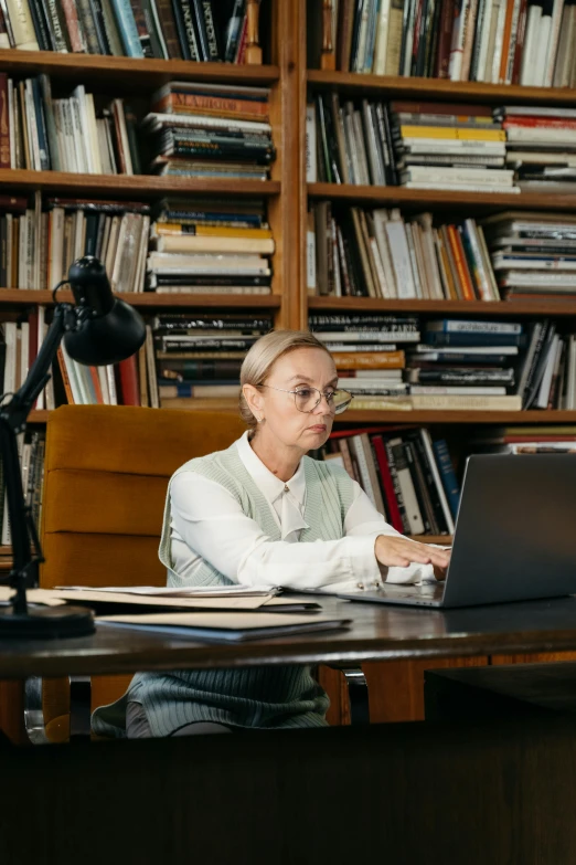 a woman sitting at a desk in front of a laptop computer, pexels, academic art, the librarian, official screenshot, multiple stories, joel fletcher