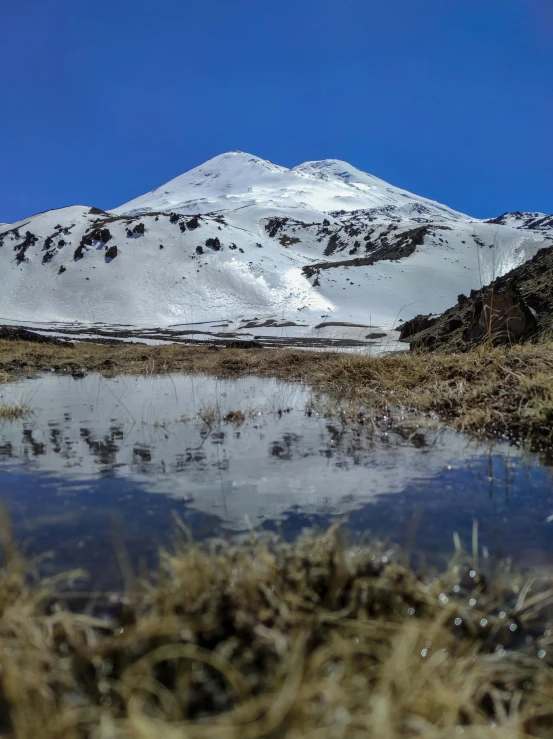 snow covered mountain sitting behind a pond in a field