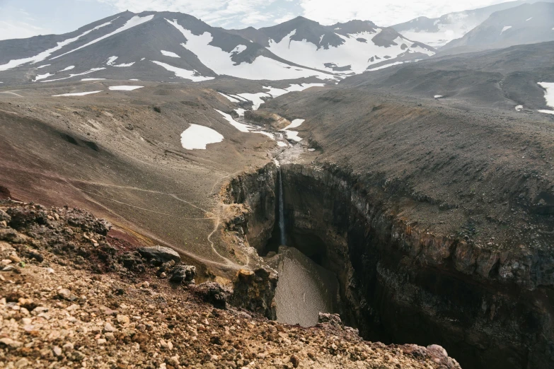 the canyon in the mountain with snow on the mountains