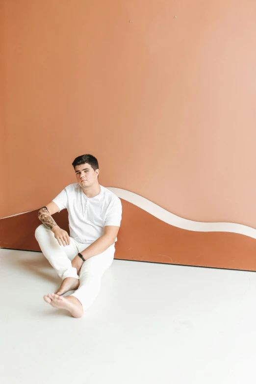 a man sitting on the floor in a room, an album cover, inspired by Ion Andreescu, gradient brown to white, showing curves, terracotta, jay bauman