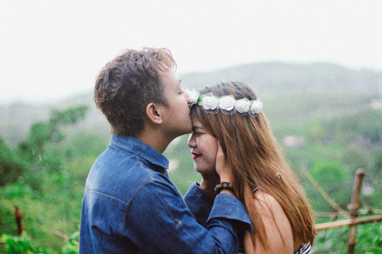 a man and a woman standing next to each other, pexels contest winner, romanticism, pretty girl, cindy avelino, peasant boy and girl first kiss, the flower crown