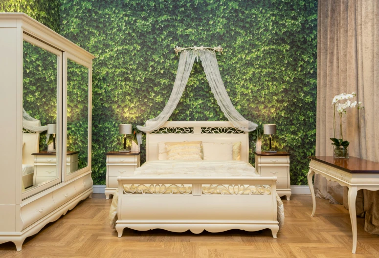 a bedroom has a green wall in the background