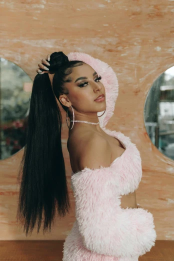 a woman with long hair standing in front of a mirror, an album cover, trending on pexels, ariana grande, bad bunny, black ponytail hair, 15081959 21121991 01012000 4k