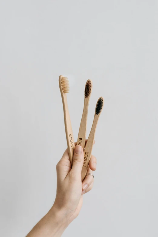 a hand holding three bamboo toothbrushes in one direction