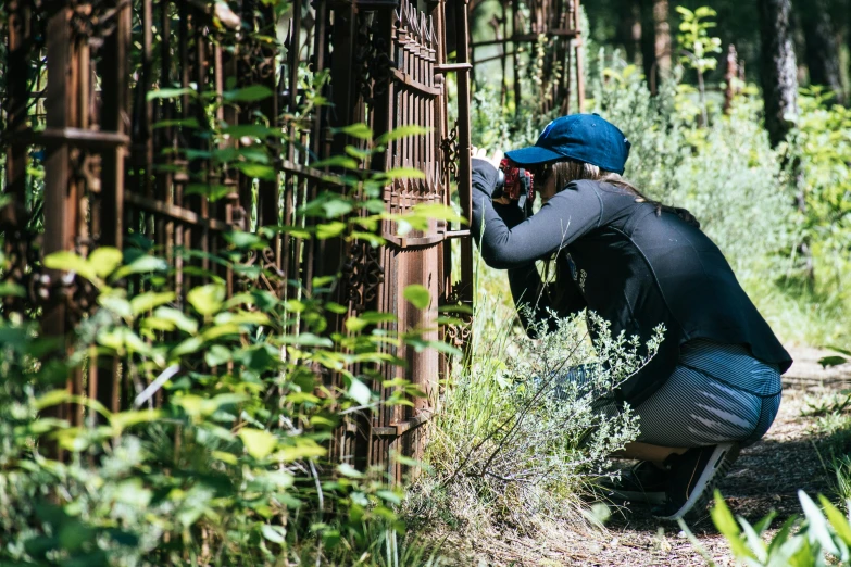 a woman taking a picture of a bear through a fence, by Terese Nielsen, unsplash, graffiti, photo from the dig site, in a metal forest, active, head down