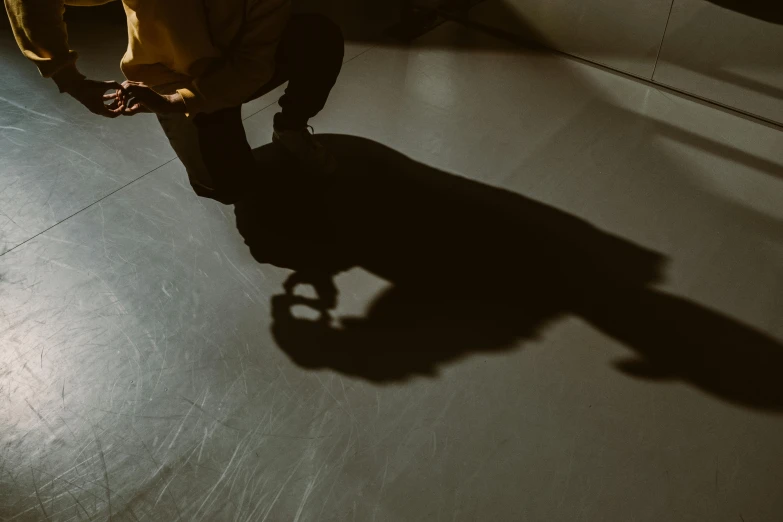 a man riding a skateboard up the side of a ramp, inspired by Anna Füssli, trending on unsplash, realism, shadowy cat under the bed', dramatic soft shadow lighting, kneeling at the shiny floor, abstract claymation