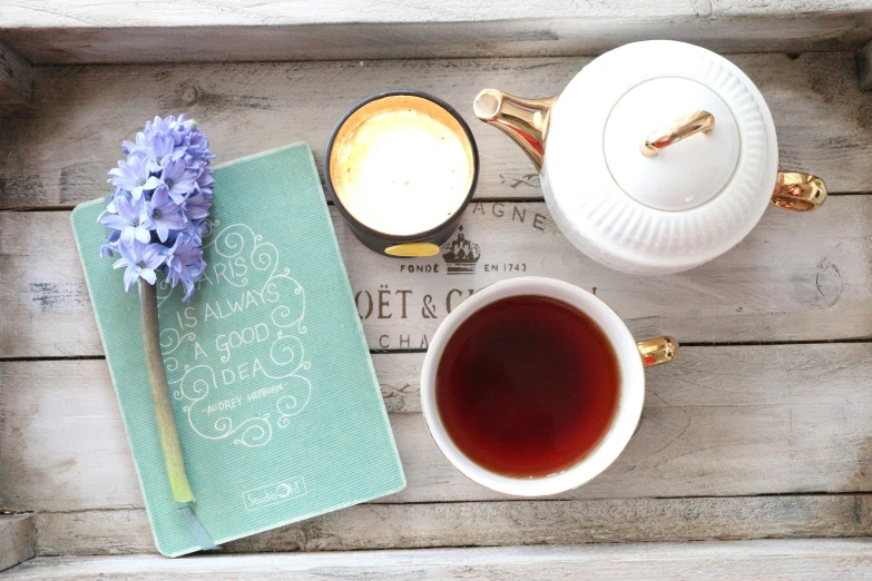 a cup of tea and a book on a tray, inspired by Cassandra Austen, pexels contest winner, emma bridgewater and paperchase, instagram picture, three - quarter view, thumbnail