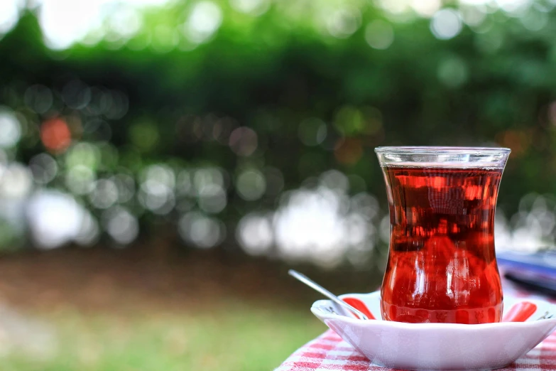 a glass of tea sitting on top of a table, pexels, hurufiyya, in the garden, maroon red, greek ameera al taweel, waist - shot