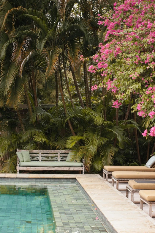 a small swimming pool with lounge chairs surrounding it