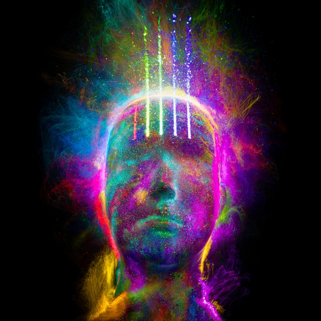 a man with a head full of multicolored lights, an album cover, inspired by Sam Spratt, pexels contest winner, kundalini energy, energy trails, cmyk portrait, colorized photon