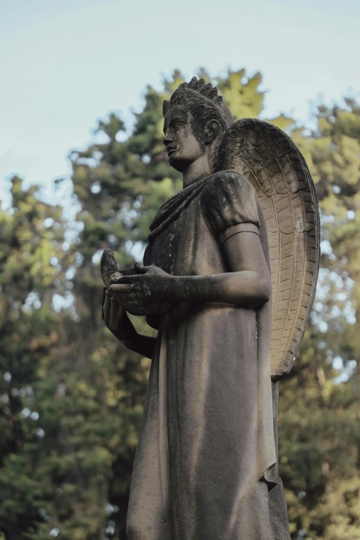 a statue of an angel holding a bird, by Alejandro Obregón, unsplash, long shot view, cemetery, low quality photo, in sao paulo