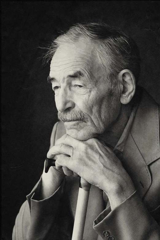 a black and white photo of a man with a cane, by Yousuf Karsh, oldman with mustach, lily frank, 1999 photograph, profile image