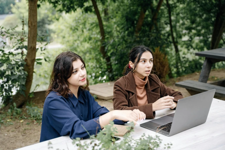 two women sitting at a picnic table with a laptop, trending on pexels, arbeitsrat für kunst, avatar image, ayanamikodon and irakli nadar, focused photo, performing