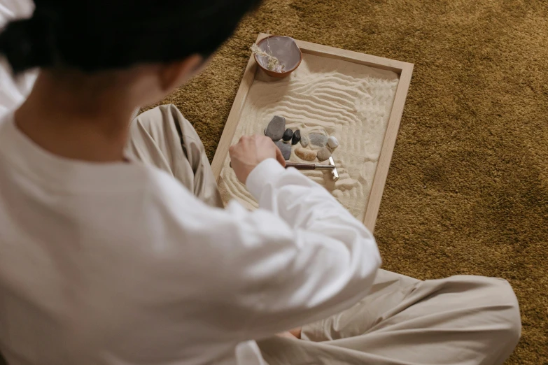 woman sitting on floor cleaning a rug with an animal