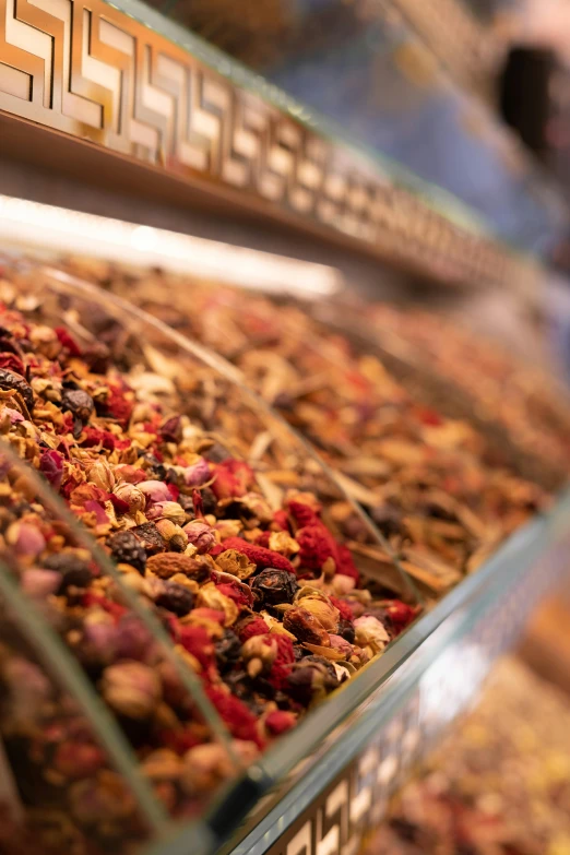 a display case filled with lots of different types of tea, renaissance, made of colorful dried flowers, sea of parfait, thumbnail, slim