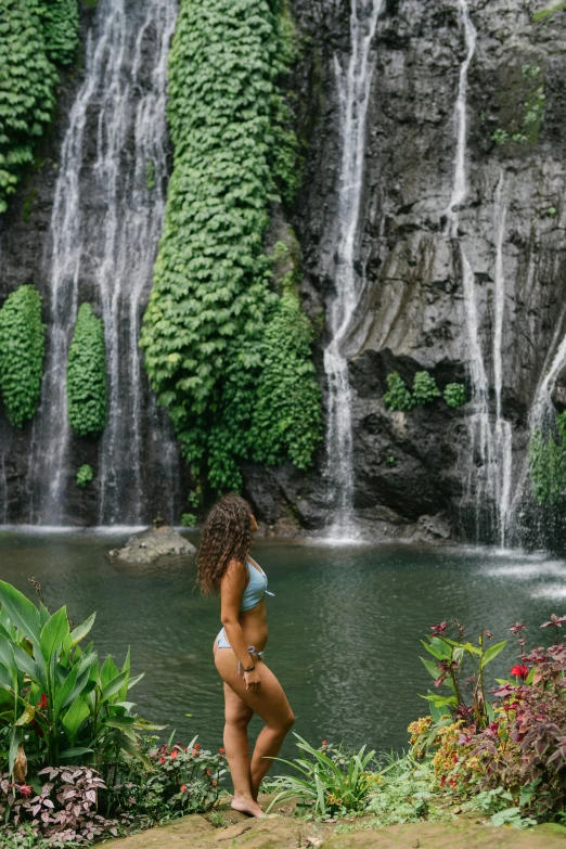 a woman standing in front of a waterfall, lush oasis, swimming, facing away from camera, grey