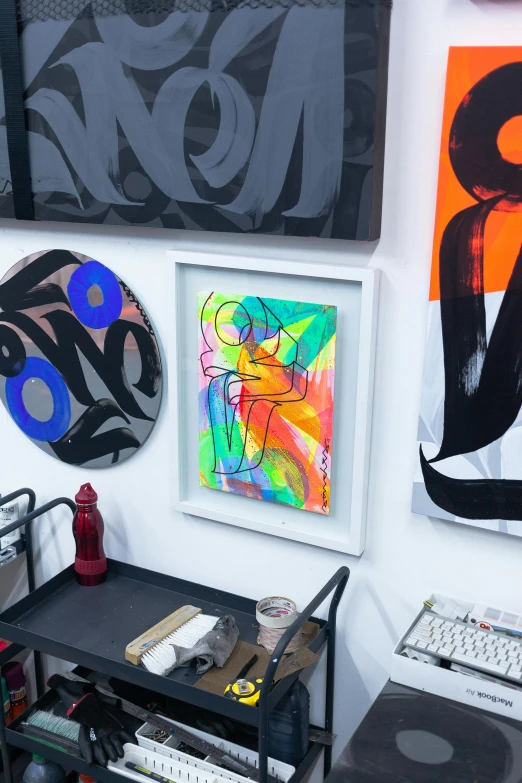 a computer sitting on top of a desk in a room, an abstract painting, inspired by George Aleef, featured on reddit, abstract art, boldly-inked gouache artwork, abstract neon shapes, abstract people in frame, medium close shot