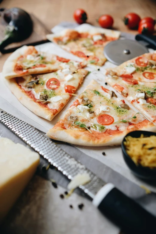 a pizza sitting on top of a cutting board, looking towards the camera, offering a plate of food, silver white red details, spatula