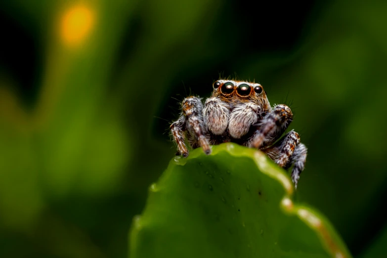 a close up of a spider on a leaf, by Adam Marczyński, pexels contest winner, photorealism, looking cute, doing a majestic pose, alien plants and animals, peering over from his heavy