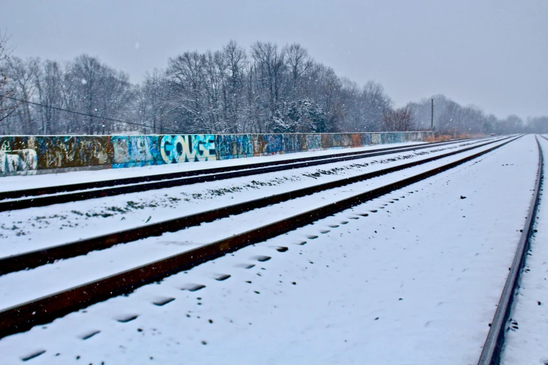 a train track covered in snow next to trees, graffiti, winter photograph, white cyan, panoramic, thumbnail