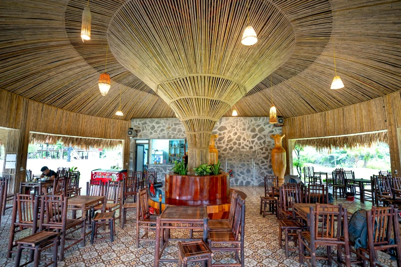 a view of a fancy restaurant with very unusual wooden accents